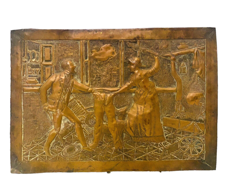 art populaire plaque en cuivre jaune scène de ménage . XX siècle .
