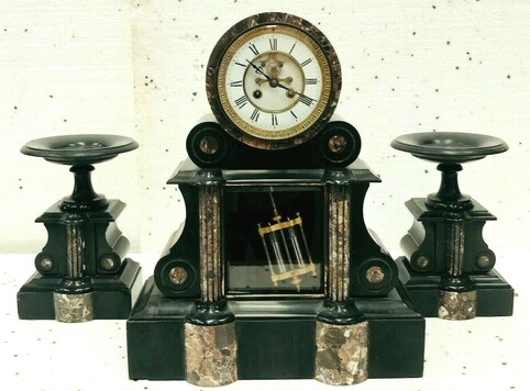 Garniture de cheminée Napoléon III marbre noir Balancier au mercure XIX siècle