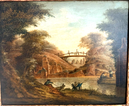 Huile sur panneau de chêne Paysage animé XIX siècle
