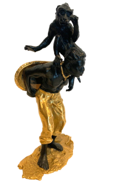 bronze sujet le porteur avec panier et le singe en bronze patiné . XX siècle .