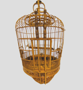 cage à oiseaux à baguettes ronde ravier d'eau en porcelaine . XX siècle .