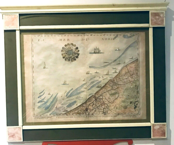 Carte en gravure réhaussée de la mer du Nord et des environs d'Ostende XX siècle