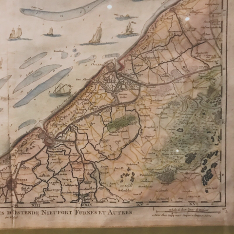 Carte en gravure réhaussée de la mer du Nord et des environs d'Ostende XX siècle
