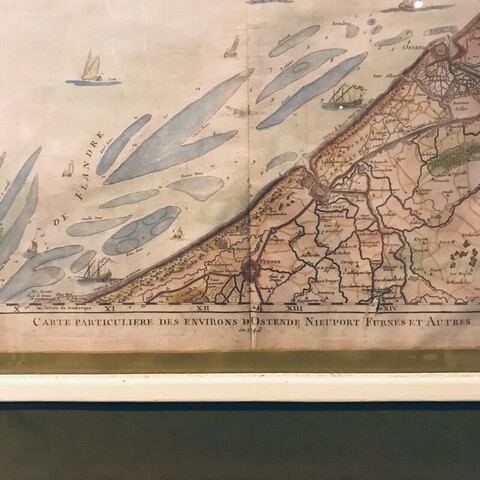 Carte en gravure réhaussée de la mer du Nord et des environs d'Ostende XX siècle