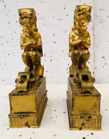 chenets au faunes en bronze finement ciselé trace de dorure . XIX siècle .