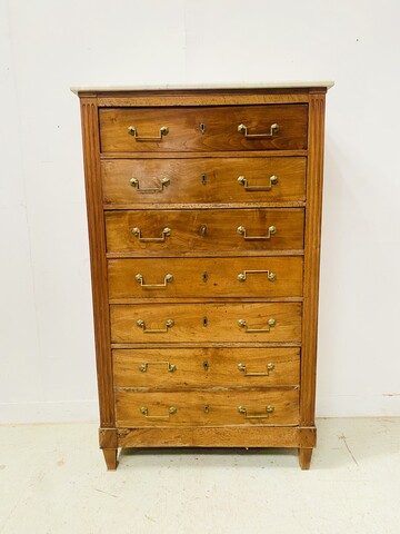 chiffonnier Louis XVI en noyer massif dessus marbre blanc . XIX siècle .