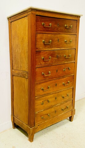 chiffonnier Louis XVI en noyer massif dessus marbre blanc . XIX siècle .
