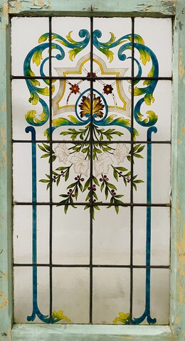  fenêtre en verre peint art déco décor bouquet de fleurs année 1900 . XX siècle .