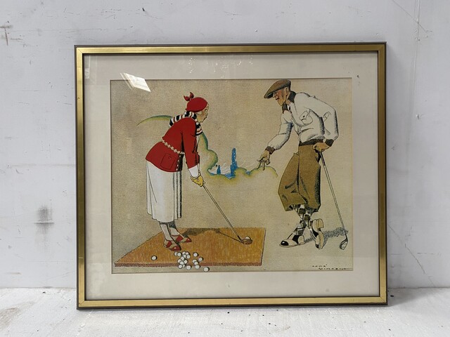 lithographie art déco thème la leçon de golf sous verre . XX siècle .