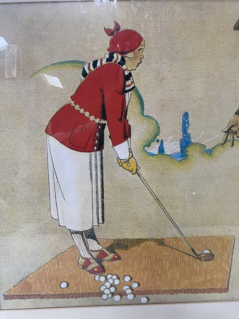 lithographie art déco thème la leçon de golf sous verre . XX siècle .