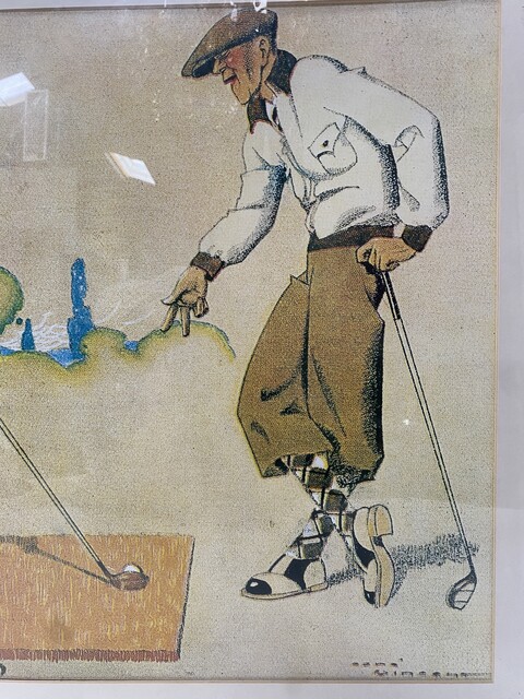 lithographie art déco thème la leçon de golf sous verre . XX siècle .