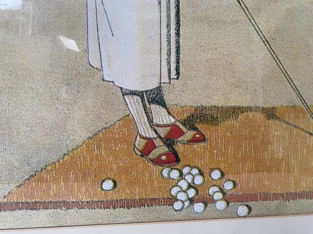 lithographie art déco thème la leçon de golf sous verre . XX siècle .