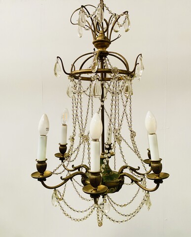 lustre cage à guirlande perlé et tôle peinte à six lumière . XX siècle .