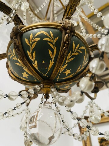 lustre cage à guirlande perlé et tôle peinte à six lumière . XX siècle .