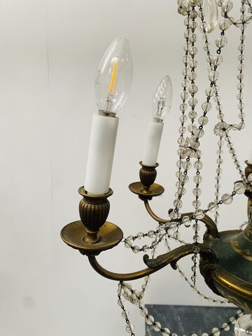 lustre cage à guirlande perlé et tôle peinte à six lumière . XX siècle .