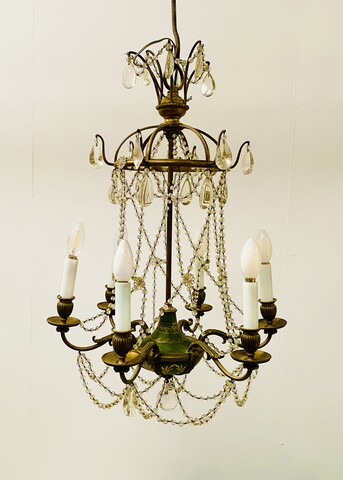 lustre cage à guirlande perlé et tôle peinte à six lumière . XX siècle .