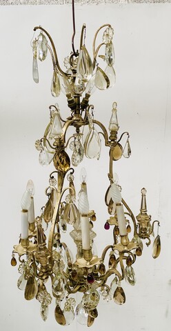 lustre cage monture bronze à pampille neuf bras de lumières . XX siècle.