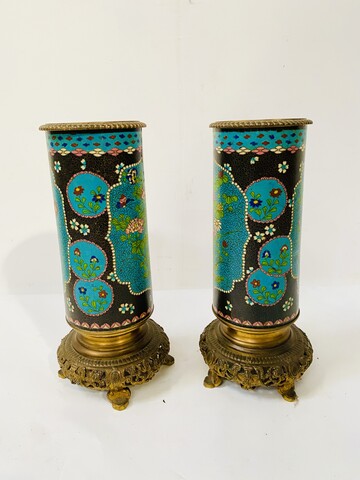 paire de lampes rouleaux en faïence et émaux cloisonnées . XIX siècle .