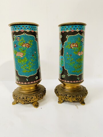 paire de lampes rouleaux en faïence et émaux cloisonnées . XIX siècle .