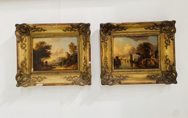 paire de peintures vue d'un canal et un intérieur de ville . XIX siècle .