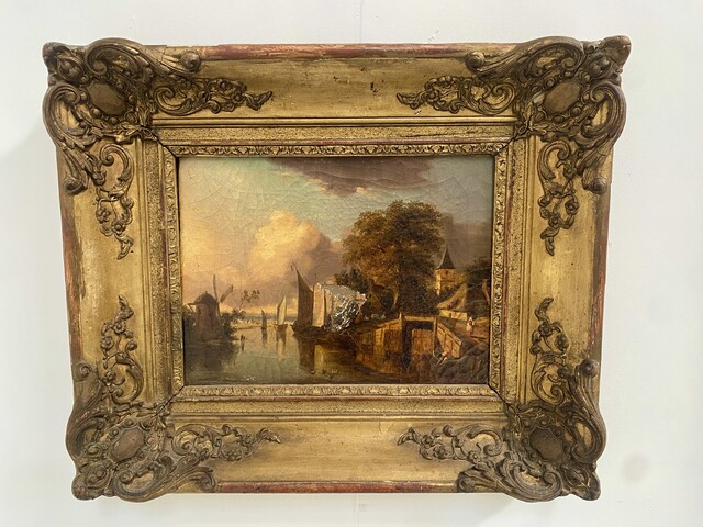 paire de peintures vue d'un canal et un intérieur de ville . XIX siècle .