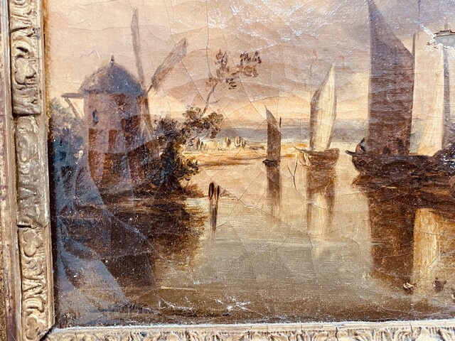 paire de peintures vue d'un canal et un intérieur de ville . XIX siècle .