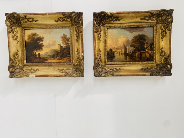 paire de peintures vue d'un canal et un intérieur de ville . XIX siècle .
