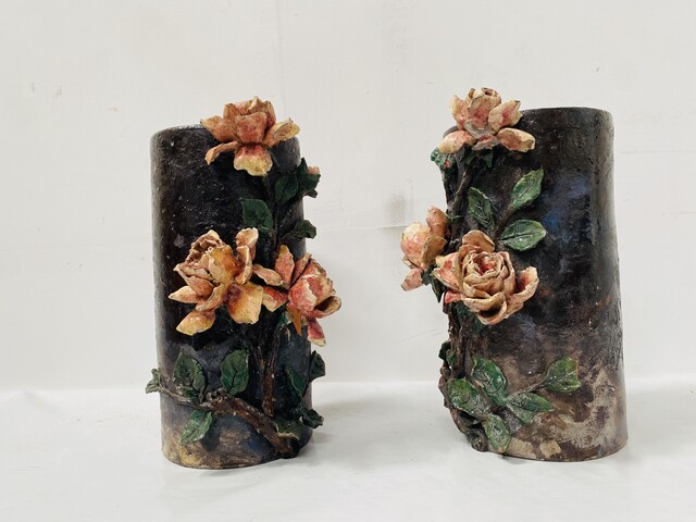 paire de vases tube barbotine emmaillé décor floral signé . XX siècle