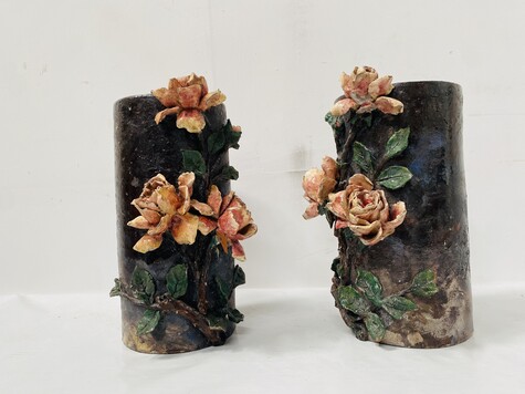 paire de vases tube barbotine emmaillé décor floral signé . XX siècle