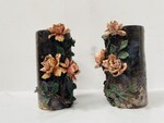 paire de vases tube barbotine emmaillé décor floral signé . XX siècle