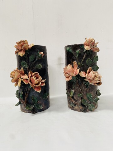 paire de vases tube barbotine emmaillé décor floral signé . XX siècle