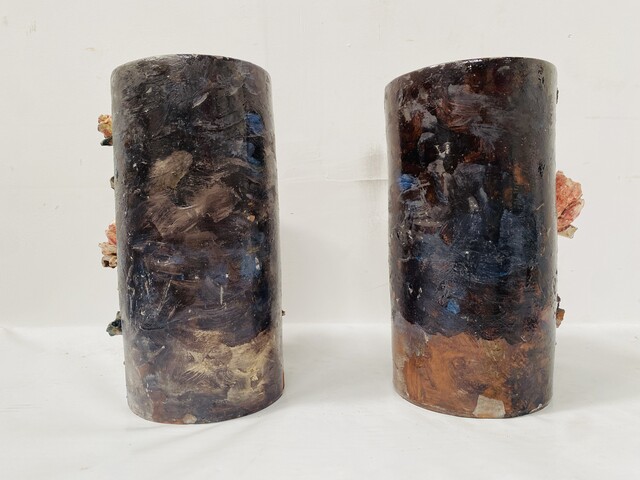 paire de vases tube barbotine emmaillé décor floral signé . XX siècle