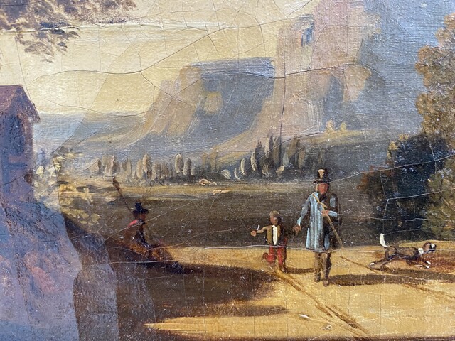peinture école hollandaise daté 1831 vue d'un paysage animé . XIX siècle.