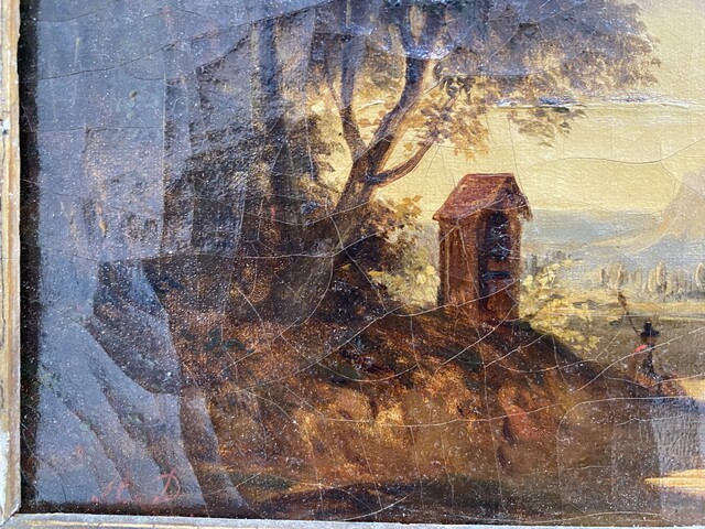 peinture école hollandaise daté 1831 vue d'un paysage animé . XIX siècle.