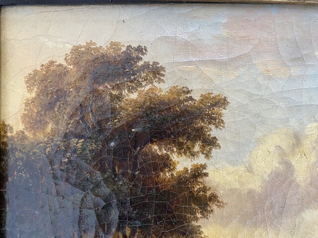 peinture école hollandaise daté 1831 vue d'un paysage animé . XIX siècle.