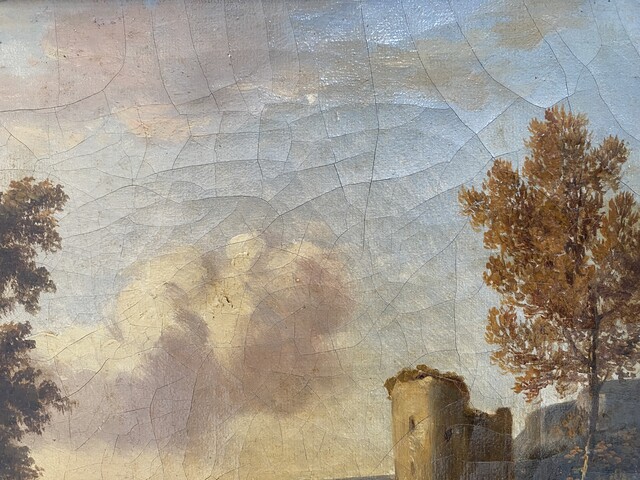 peinture école hollandaise daté 1831 vue d'un paysage animé . XIX siècle.