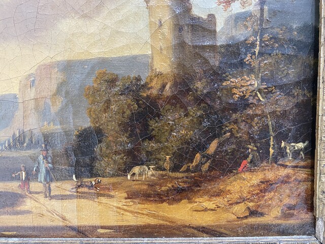 peinture école hollandaise daté 1831 vue d'un paysage animé . XIX siècle.