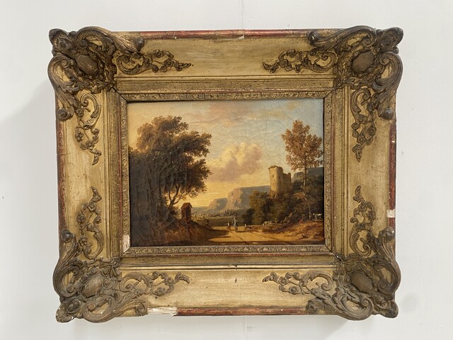 peinture école hollandaise daté 1831 vue d'un paysage animé . XIX siècle.