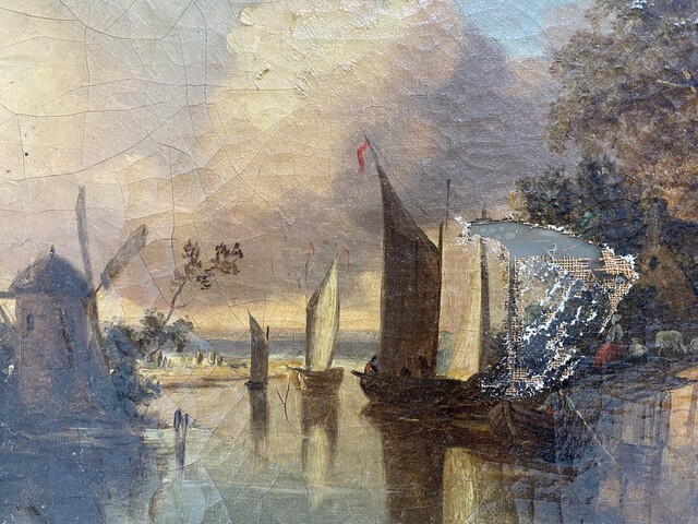 peinture école hollandaise daté 1838 vue canal intérieur de ville . XIX siècle.
