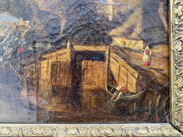 peinture école hollandaise daté 1838 vue canal intérieur de ville . XIX siècle.