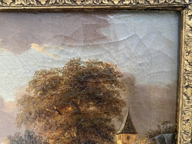 peinture école hollandaise daté 1838 vue canal intérieur de ville . XIX siècle.