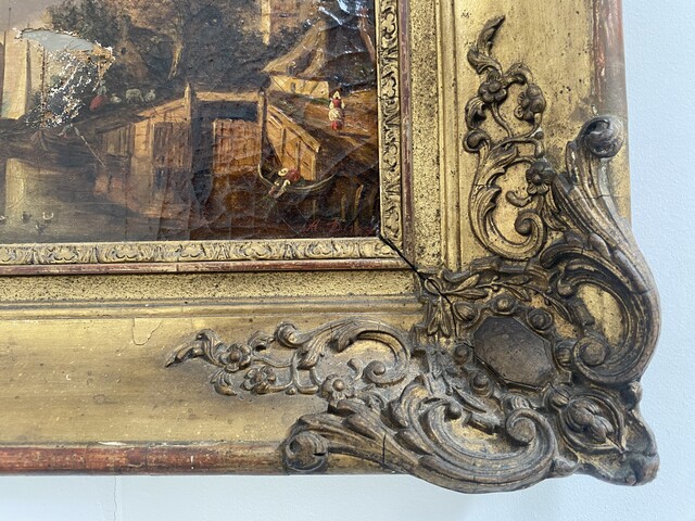 peinture école hollandaise daté 1838 vue canal intérieur de ville . XIX siècle.