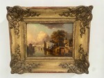 peinture école hollandaise daté 1838 vue canal intérieur de ville . XIX siècle.