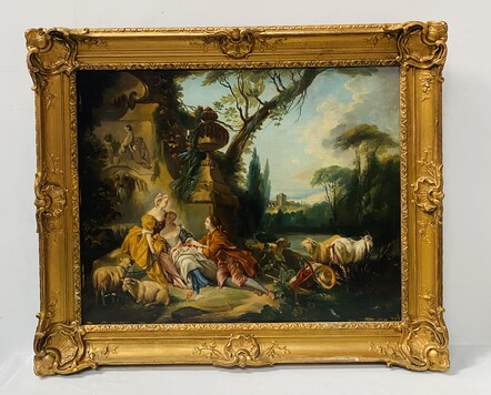 peinture scène pastorale d'après Francois Boucher cadre en stuc doré .XX siècle.