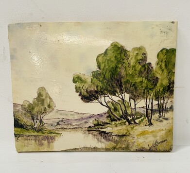 peinture sur plaque porcelaine à décor de paysage de montagne . XX siècle .