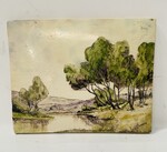 peinture sur plaque porcelaine à décor de paysage de montagne . XX siècle .
