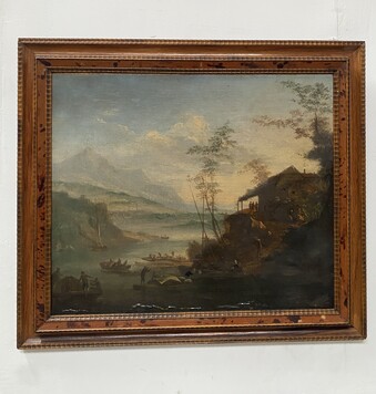  peinture sur toile paysage de montagne animé de personnages . XIX siècle .