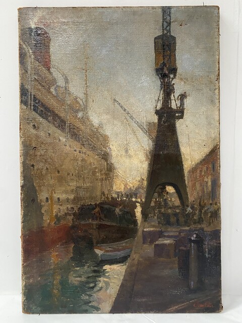 peinture sur toile représentant départ de paquebot . XX siècle .