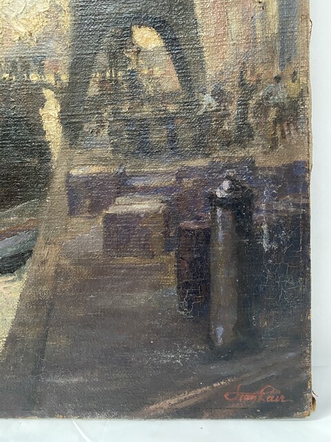 peinture sur toile représentant départ de paquebot . XX siècle .