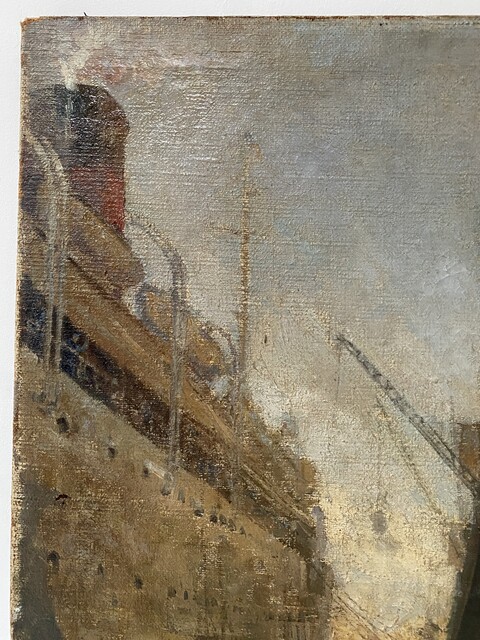 peinture sur toile représentant départ de paquebot . XX siècle .